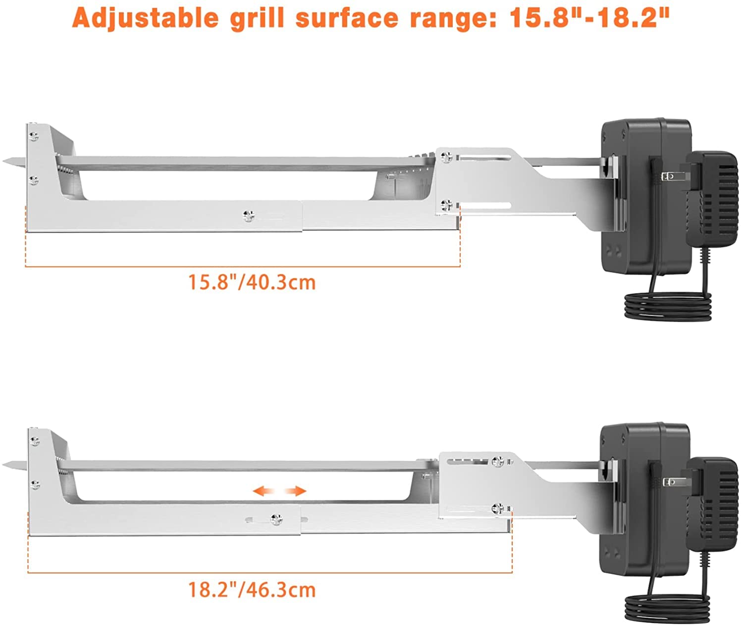 Onlyfire Elektrischer Spiessdreher, Edelstahl Drehspieß Aufsatz mit 7 Spießen und Motor, Größenverstellbar 43,3 x 40,3-46,3 cm, mit Netzstecker, Drehspieß Rotisserie, Silber