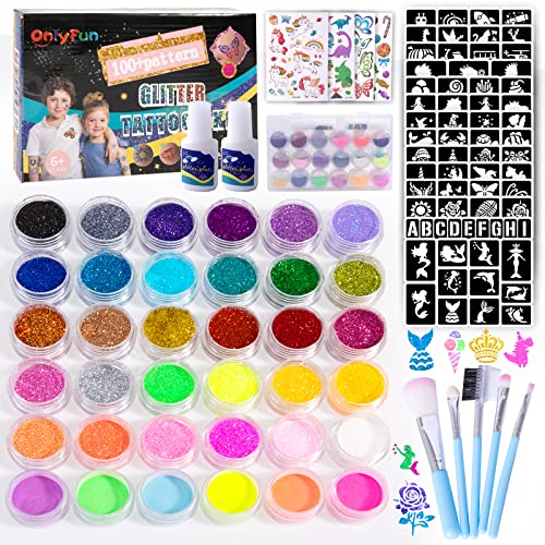 ONLYFUN Kit Tatouage Paillettes, Maquillage Enfant Fille, Tatouage Enfant Fille, Jouet Fille 3 4 5 6 Ans, Cadeau Fille 4 5 6 7 8 9 10 Ans Cover