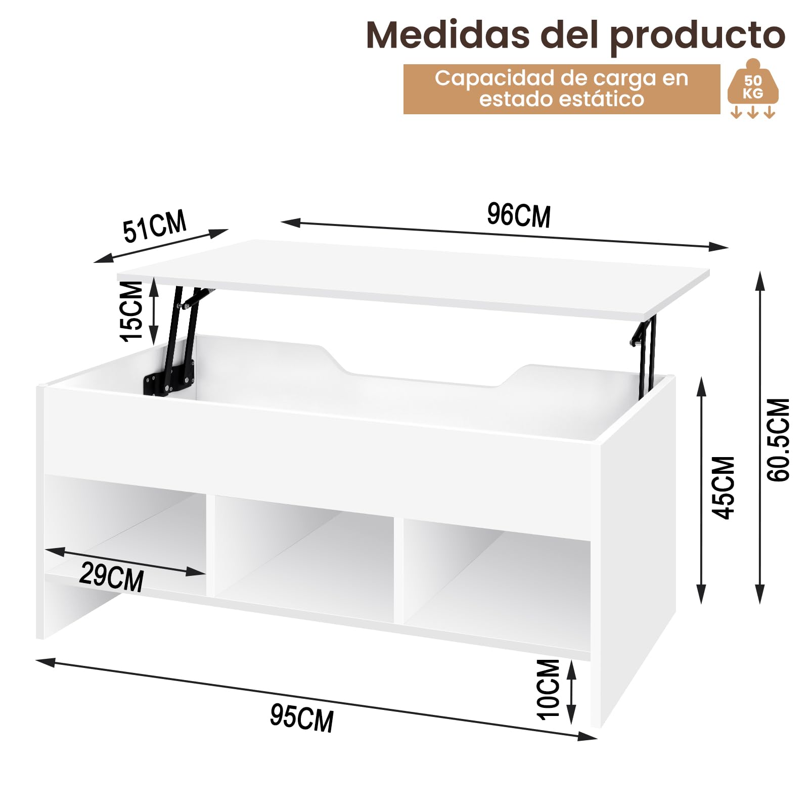 WOLTU Mesa de Centro Elevable y Extensible con Superficie Elevable | 3 Estantes Abiertos,Fácil de montar，Capacidad de carga máxima 30 kg,Mesita Pequela para Salon,Blanco,95x(40-55.5)x50 cm