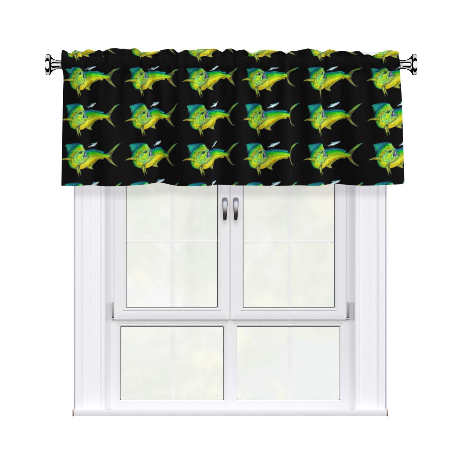 WHJDPP Green fish Prints Charming Kitchen Window Cover – 54x18 Inch Peach Skin Valance with Decorative Print
