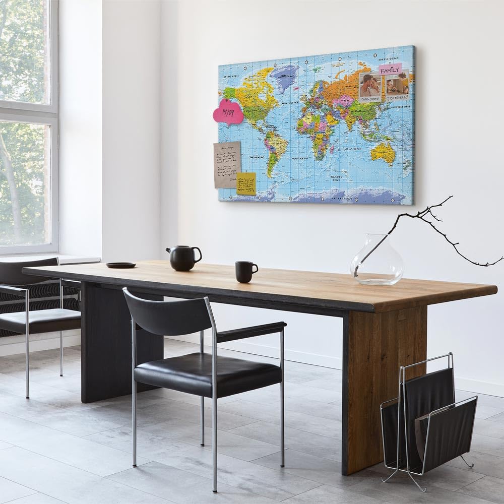 murando - Tableau à Épingles et Peinture sur Toile Combinés 120x80 cm - Avec Crochets Clous et Punaises Argentées - Panneau en Fibres pour Notes et Affichage - Carte du monde k-A-0302-v-a