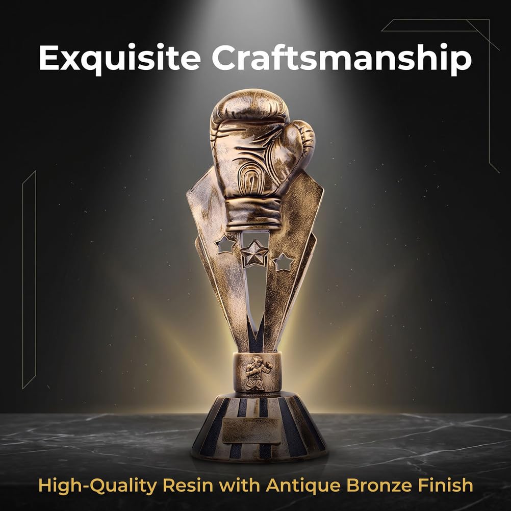 Trofeo Guante Boxeo Personalizado Premio Bronce Antiguo Diseño V | Resina premium con diseño alas V de 3 estrellas y relieve boxeador para torneos boxeo premios MMA gimnasios y coleccionistas
