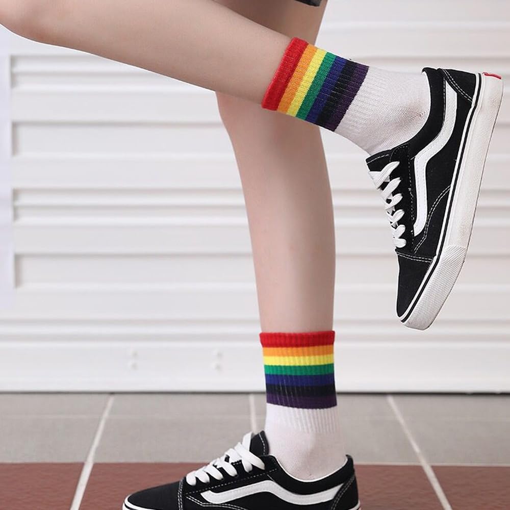 Skarpety z tęczą, 6 par skarpet ze wzorem, bawełna LGBT, skarpety damskie, kolorowe paski, tęczowe dla mężczyzn i kobiet, w paski, Pride Month Gay, skarpety do LGTBQ, biały, czarny., 35-41 EU