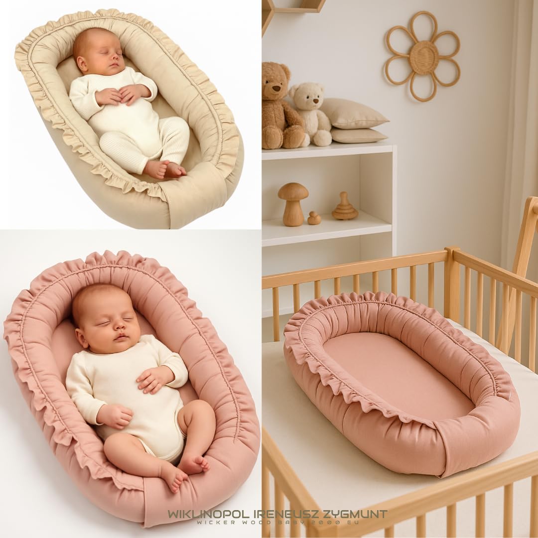 WIKLINOPOL Babynest per neonati – Nido per bebè 85x45 cm in rosa con volant – Nido portatile con materasso – Nido lavabile in 100% cotone – Sicuro per casa e viaggi