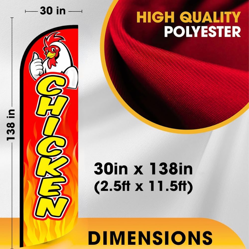 Chicken Flag with Pole– Pack of 1 | 3x11.5 ft Outdoor Advertising Sign | Banner for Chicken shop, Chicken Wing Promotion | Flag for fairs, events, food trucks | Weatherproof Polyester (With Complete Hybrid Pole Set)