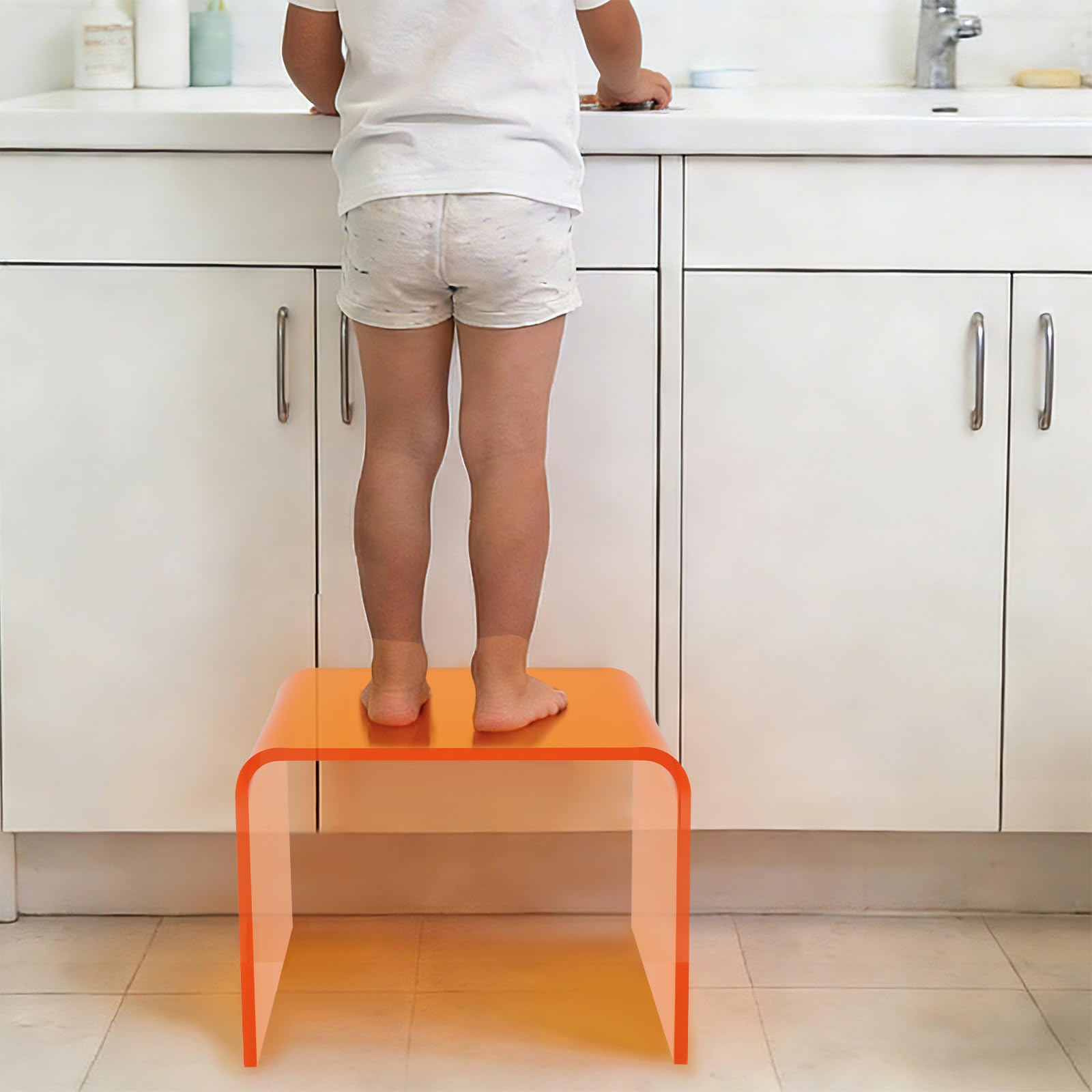 Sgabello in acrilico per doccia, sgabello da bagno, poggiapiedi trasparente, per bambini, adulti, in cucina, bagno (arancione)