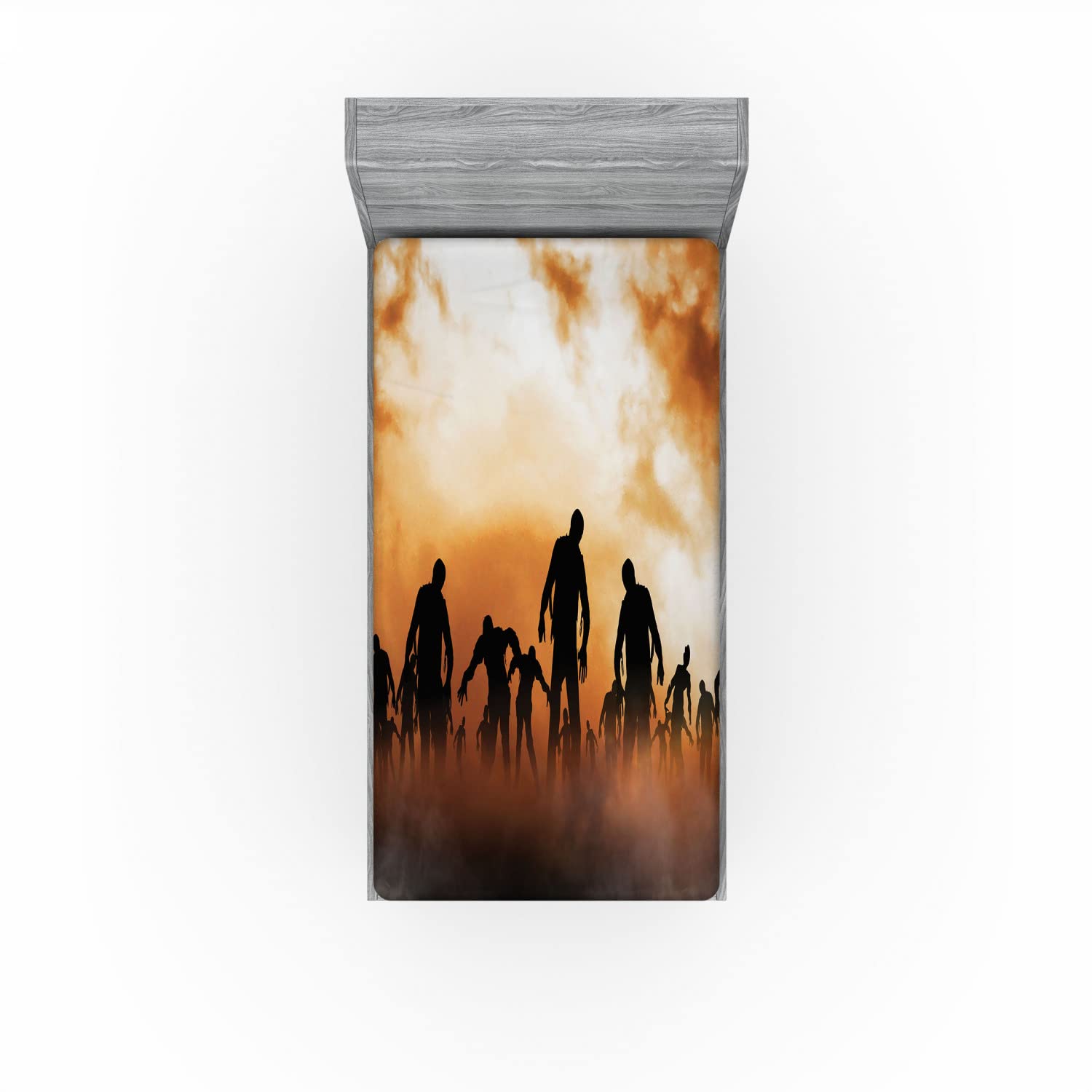 Ambesonne Halloween 2 Pack Fitted Sheet, Zombies Misty, Bed Cover All-Round Elastic Deep Pockets 2 Pieces, Package Contains 2 Twin Size Fitted Sheets, Orange and Black