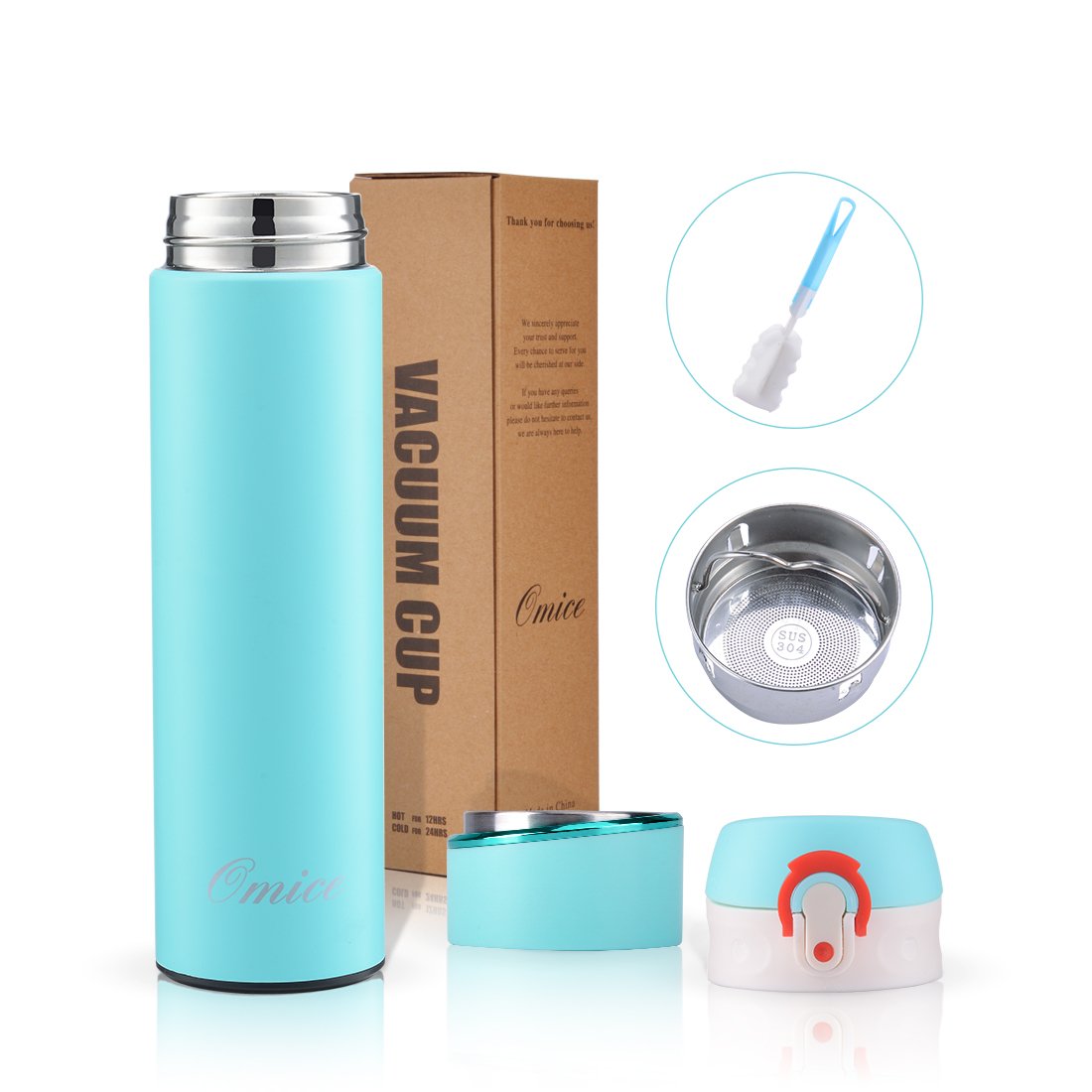 Sports Water Bottles and Stainless Steel Insulated Riding Water Bottles With Brush - Double Wall Design with Flip Cap,Leak Proof Travel Water Bottles 17 Oz (Caribbean Blue)