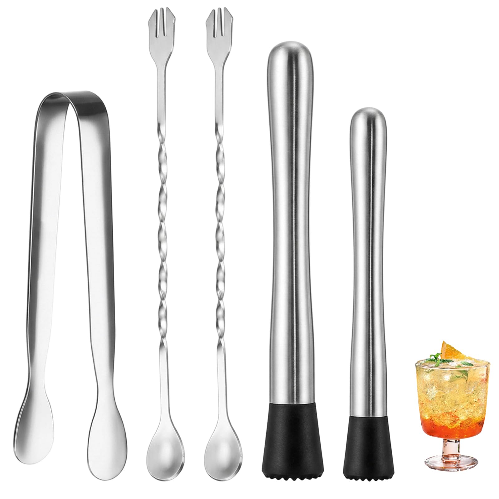 5 Pcs Cocktail Muddler Set, Stainless Steel Bar Spoon Kit with Ice Tongs, Muddler & Cocktail Spoon for Home and Bar Drink Making