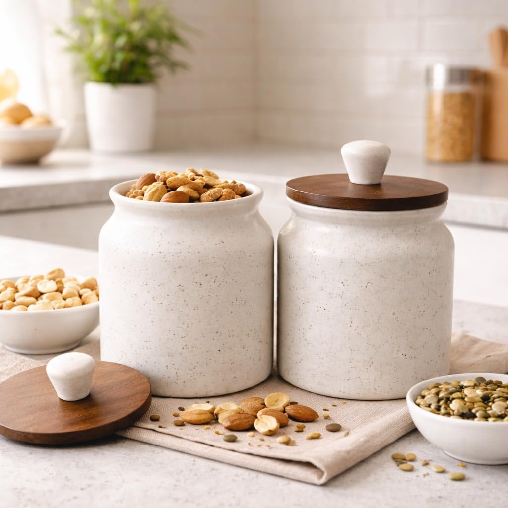 Buy SAJAAO Marble Ceramic Storage Jar Set with Wooden Airtight Lid