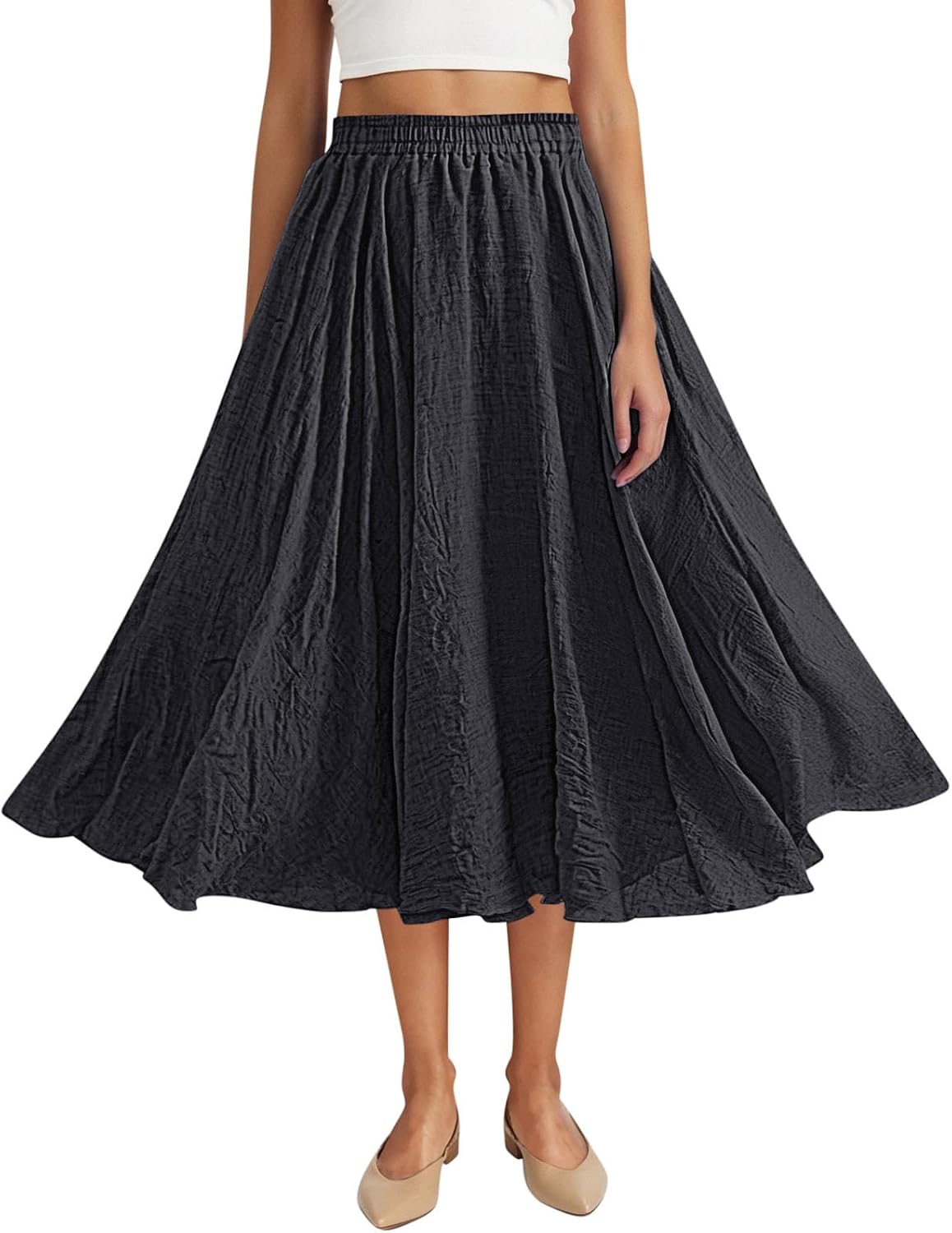 Women Casual Cotton Linen A Line Skirt High Waist Long Flowy Skirt Flare Swing Ruffle Skirts Pleated Loose Clothes