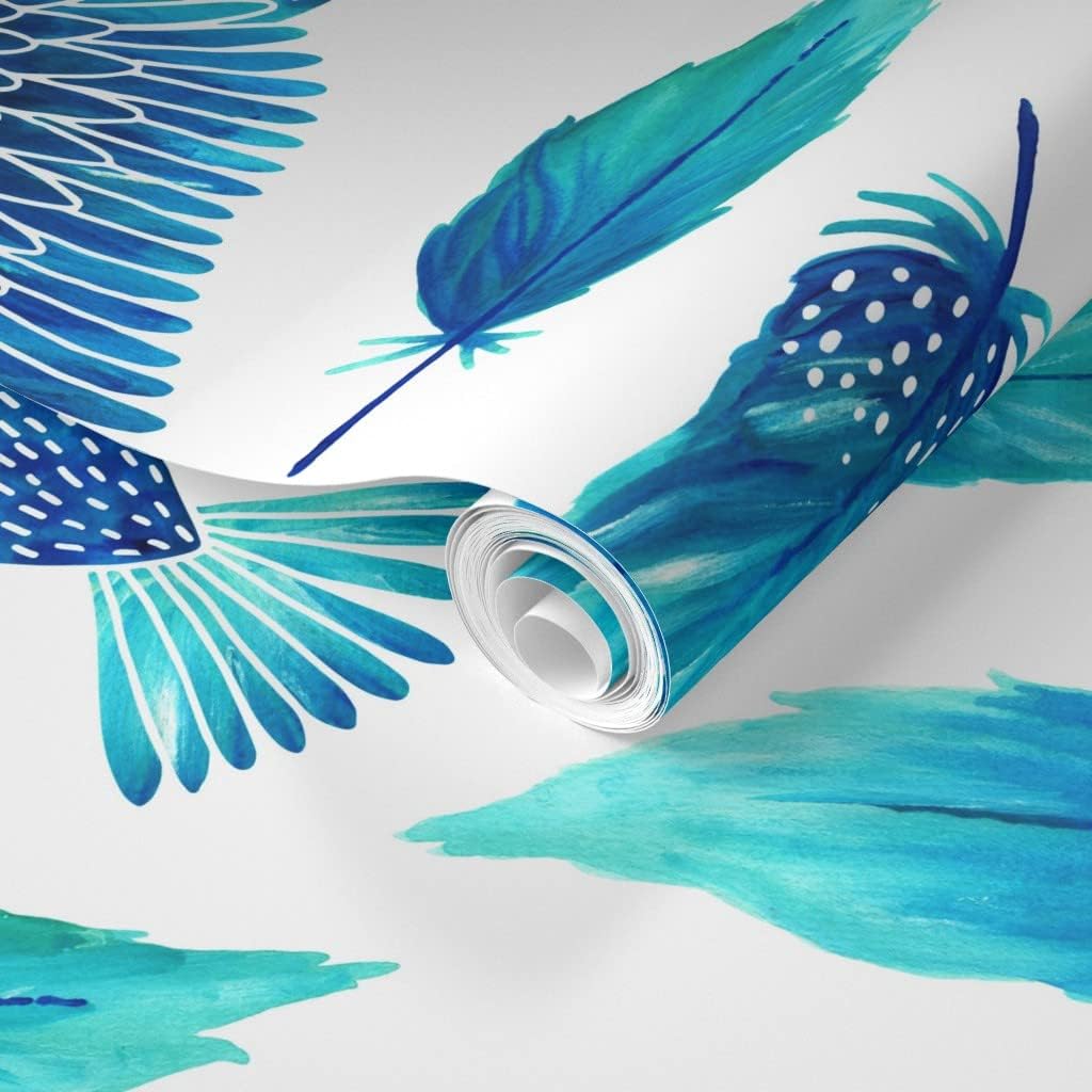Removable Wallpaper 6ft x 2ft - Birds Painting Feathers Blue Bird Feather Animal Paint Custom Pre-Pasted Wallpaper by Spoonflower