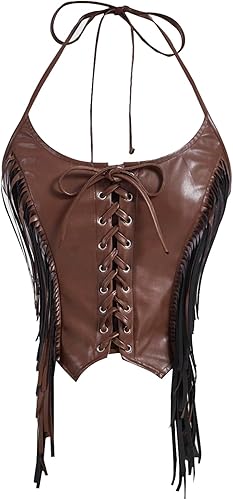 MakeMeChic Women's Western Fringe PU Leather Halter Corset Top Cowgirl Lace Up T