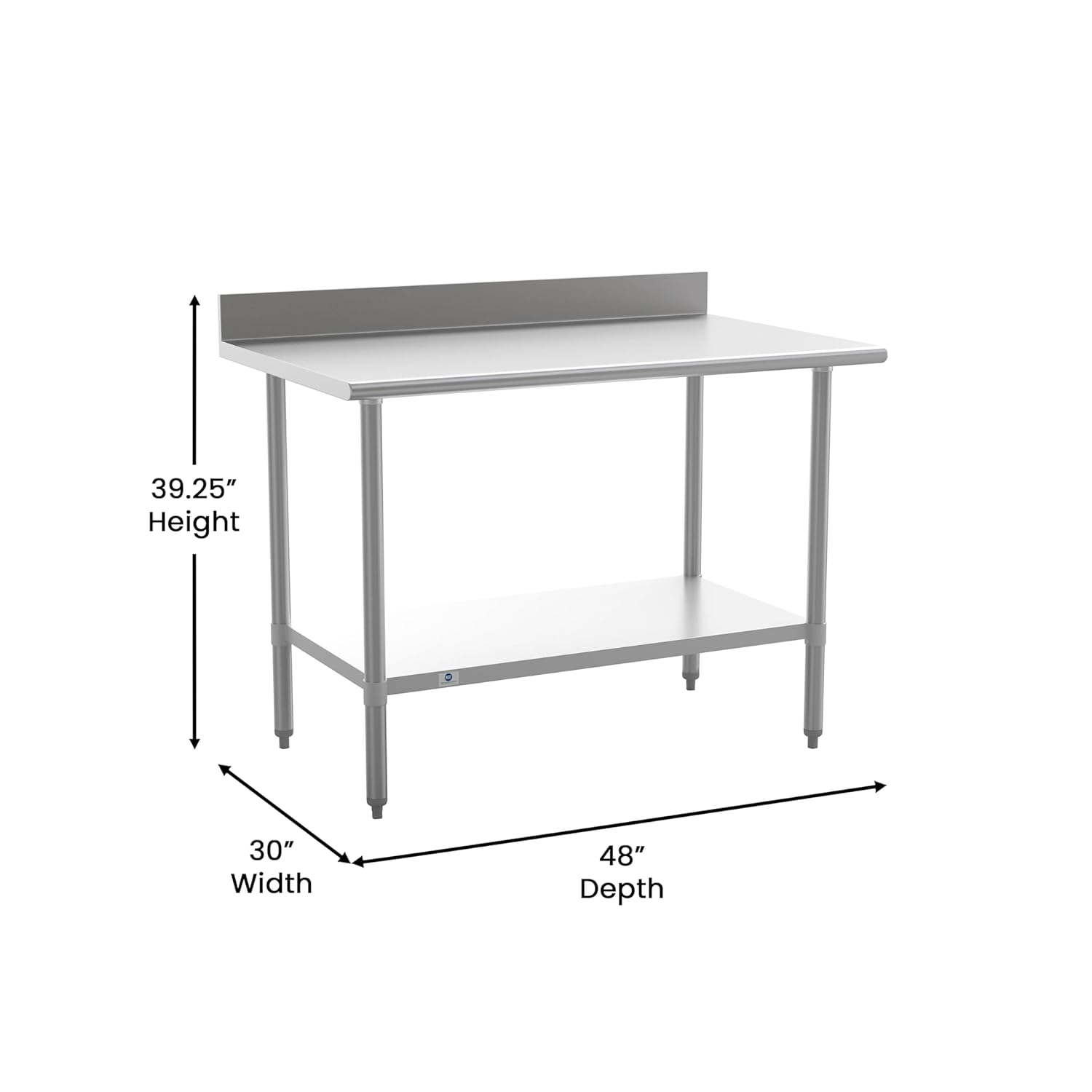 Flash Furniture Reese Commercial Stainless Steel Prep/Work Table for Back Kitchen, 430 Stainless Steel, 18 Gauge, Adjustable Shelf, 4" Backsplash, 30" x 48"