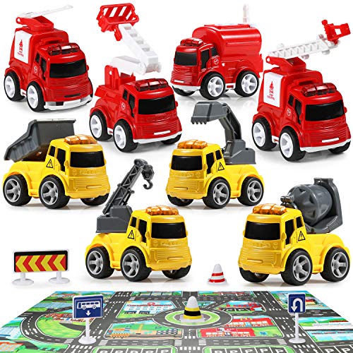 GeyiieTOYS Auto Spielzeug 8in1 Set 4X Baufahrzeuge 4X Feuerwehr mit Stadtkarte Bagger Bulldozer Kipper Zementmische, Früh Bildung Trägheit Fahrzeuge Für Kinder und Kleinkinder Spielsachen ab 1 Jahr Cover