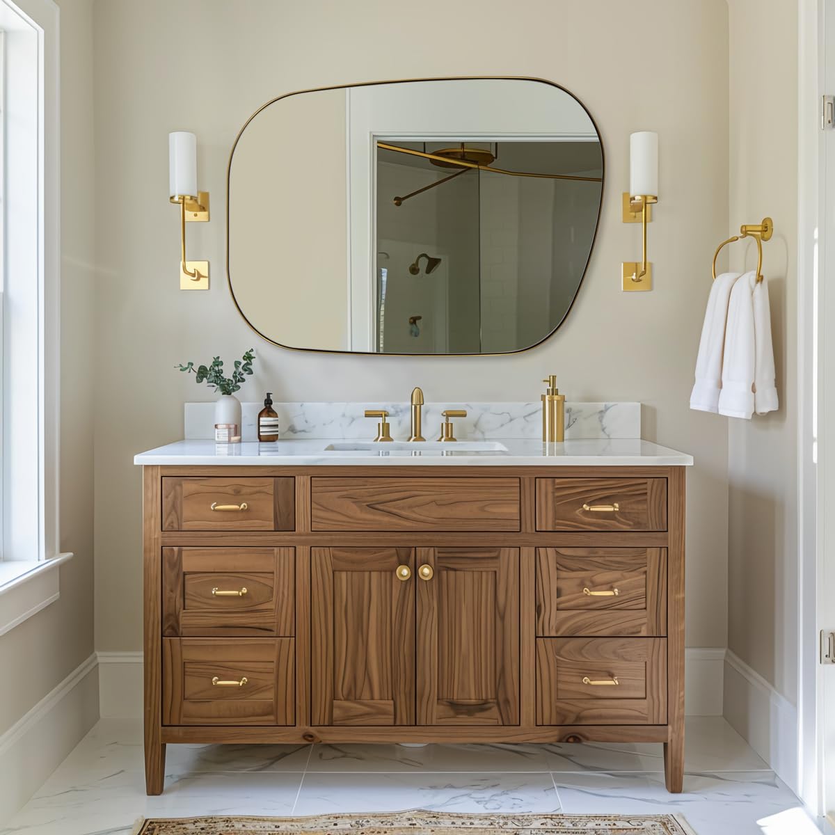 ANDY STAR 30x40 Asymmetrical Wall Mirror Brushed Gold Irregular Bathroom Mirror with Stainless Steel Metal Frame Large Wall-Mounted