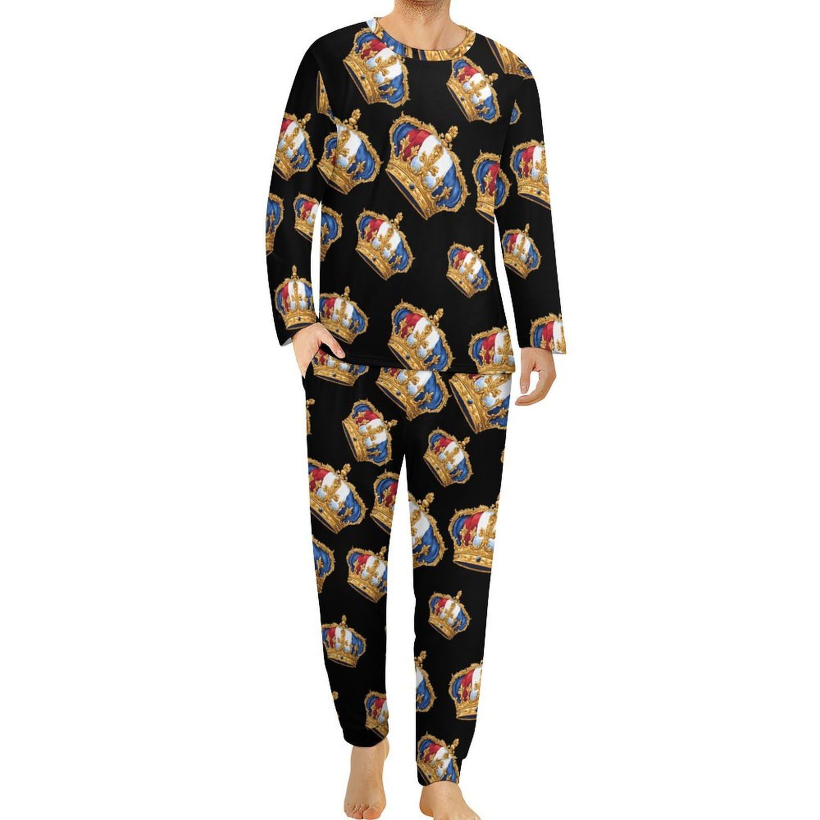 French King - Conjunto de pijama para hombre, cuello redondo, 2 piezas, manga larga, suave, transpirable para todas las estaciones