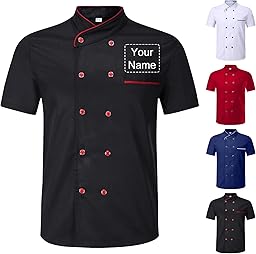 Veste de Cuisine Homme Personnalisable avec Nom Brodé Manches Courtes, Blouse de Travail Restaurant Unisexe, Tenue Cuisine Femme Professionnelle pour Hôtel Boulangerie Traiteur