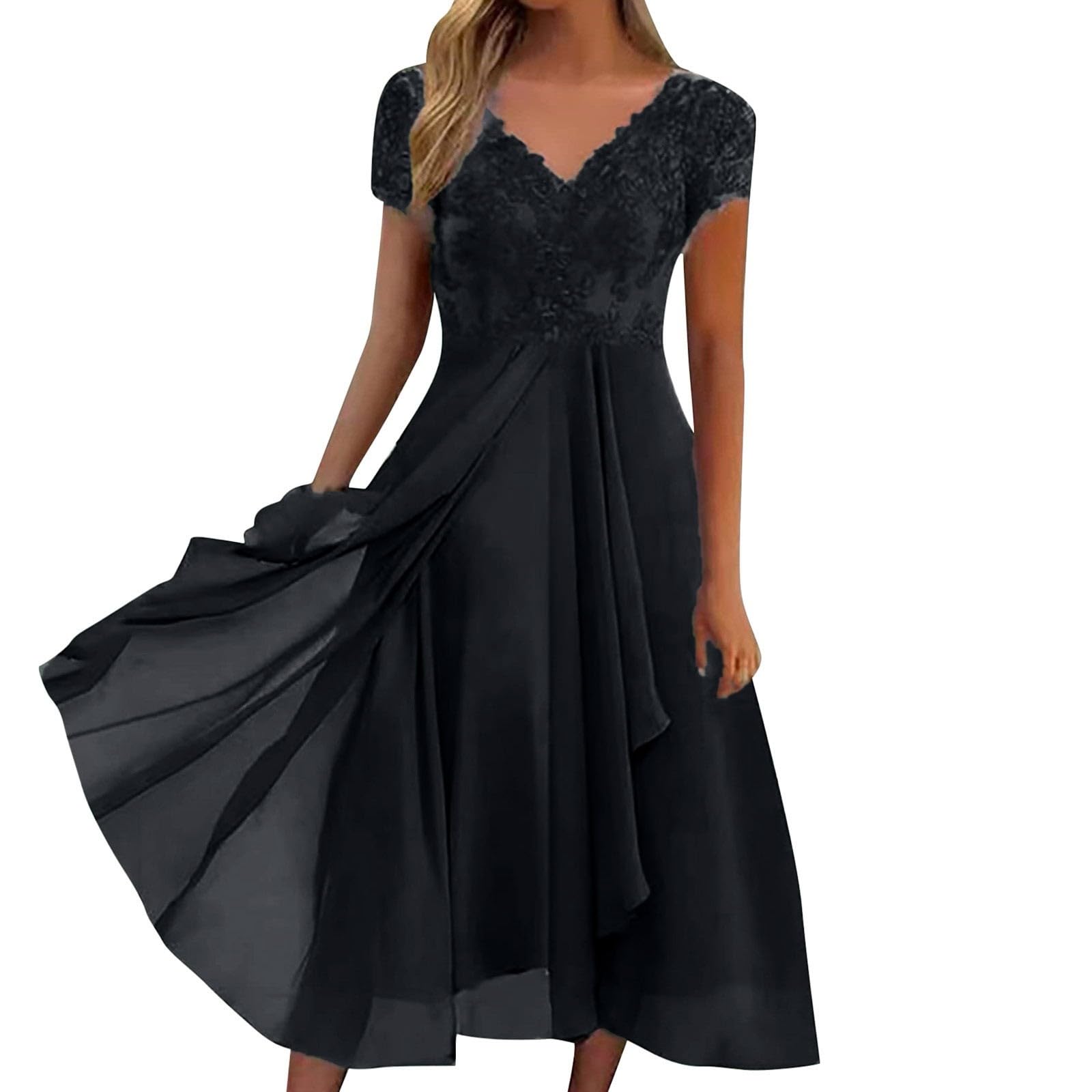 Robe Dentelle Longue Femme Bohème Robe Femme Ete Chic Et Élégante Sexy Col En V Manches Courtes Longue Classique Couleur Unie Demoiselle D'Honneur Mariage Invité Ceremonie Princesse Vacances