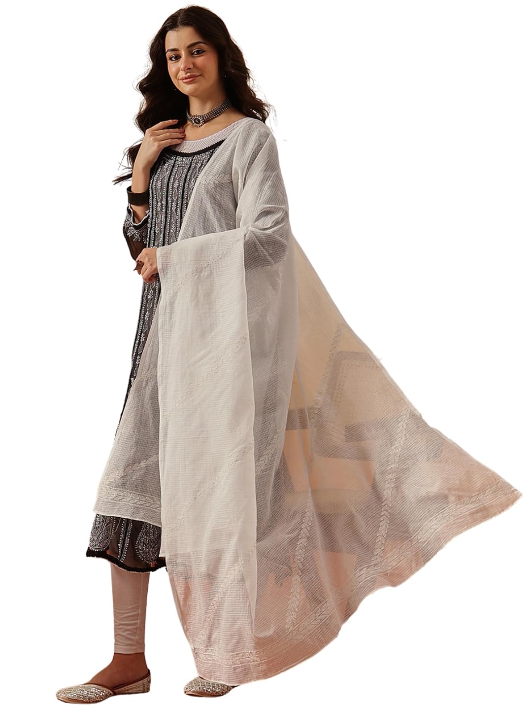 ada Hand Embroidered Lucknowi Chikankari White Cotton Kota Doria Dupatta Stole For Women A511227-picture-23