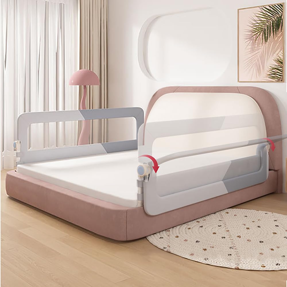 Foldable Toddler Bed Rail, Safety Baby Bed Rail Guard, 1pc Single Side Bed Fence Protector Rail, Height Adjustable Kids Bed Guard Rail for Twin Queen King Size Bed (Grey and White, 2m)