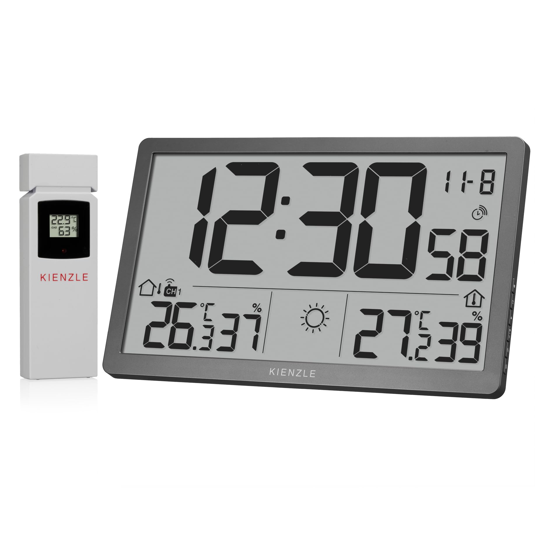 Kienzle Funk-Wetter-Wanduhr mit XL LCD Display, Außensensor, Temperatur Luftfeuchtigkeit grau