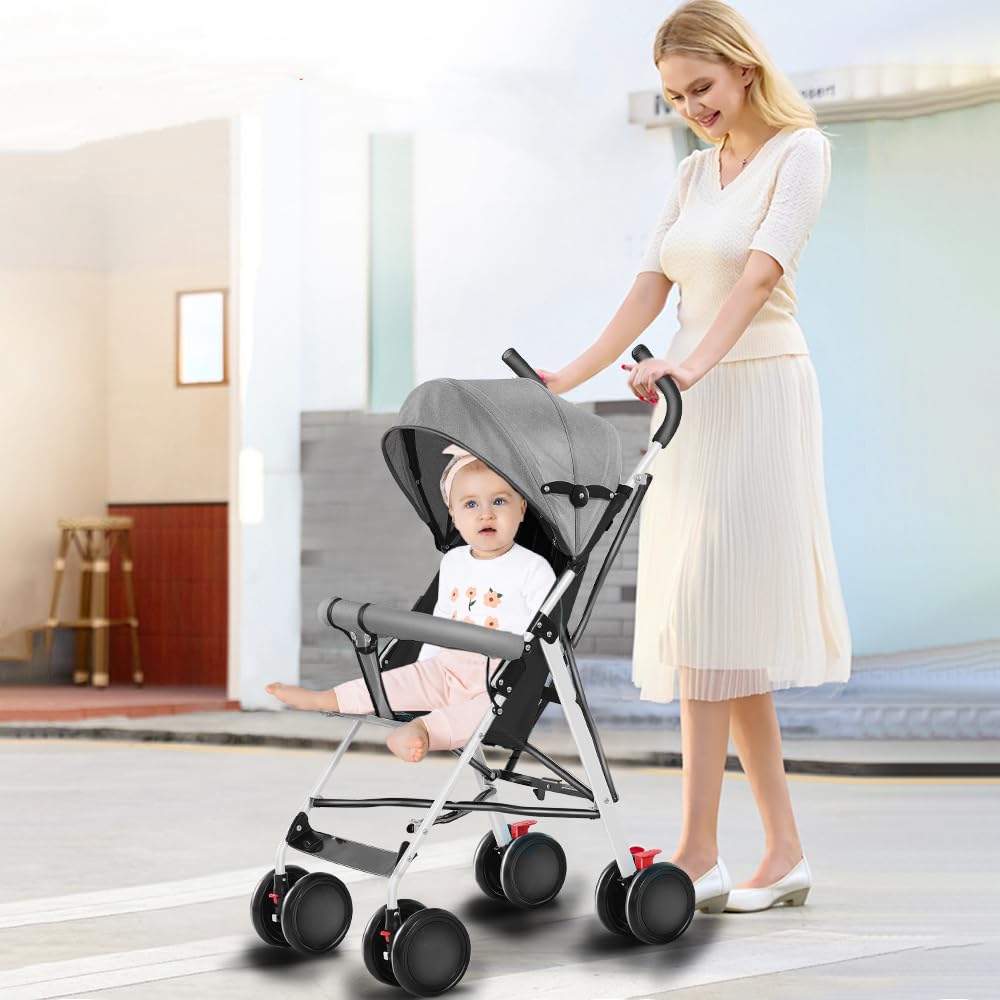 OHMG Poussette Compacte 0-6 Ans, Landau 4 Roues, avec Parasol et Moustiquaire, Coussin en Coton, Roues Verrouillables (Gris)