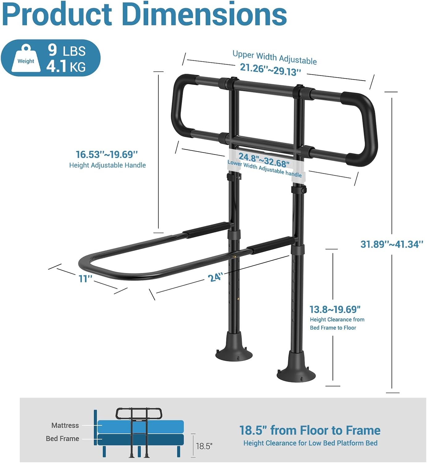 Bed Rails for Elderly Adults Safety - 2026 Upgraded & ASTM Compliant Adjustable Bedside Assist Rail, Motion Sensor Night Light, 400LB Support Bed Cane, Fits King, Queen, Full & Twin Beds
