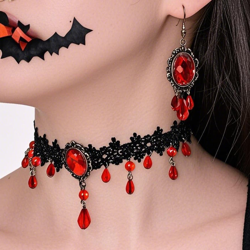Vampire Lace Choker Necklaces for Women Halloween Vampire Witch Jewelry Set Gothic Lace Red Black Crystal Blood Teardrop Choker Necklace Earrings Set Emo Accessories Gothic Halloween Prom Jewelry Costume Accessories - Image 4