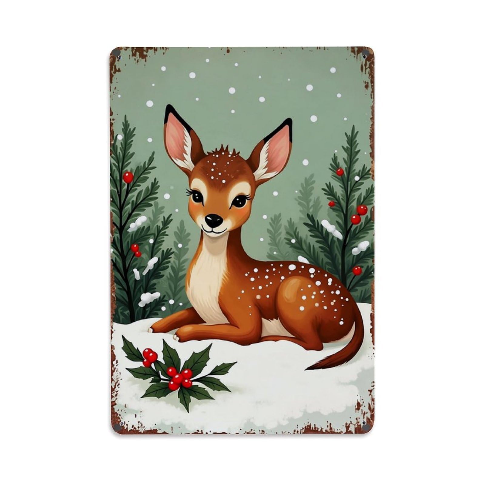 Jdfenggu Vintage Cute Fawn Snowy Winter Scene Retro Metal Tin Sign, Metal Poster For Bar, Home, Man Cave, Kitchen, Laundry Room Art Decor 8X12 Inch