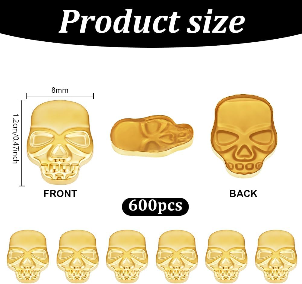 PH PandaHall 600pcs Gold Skull Dome Studs, 8x12mm Flat Back Skull for Home Decor Skull Flat Back Dome Studs Brass No-Sew Stud for Crafts Jewelry Making Nail Art Dress Shoes Clothes Decor