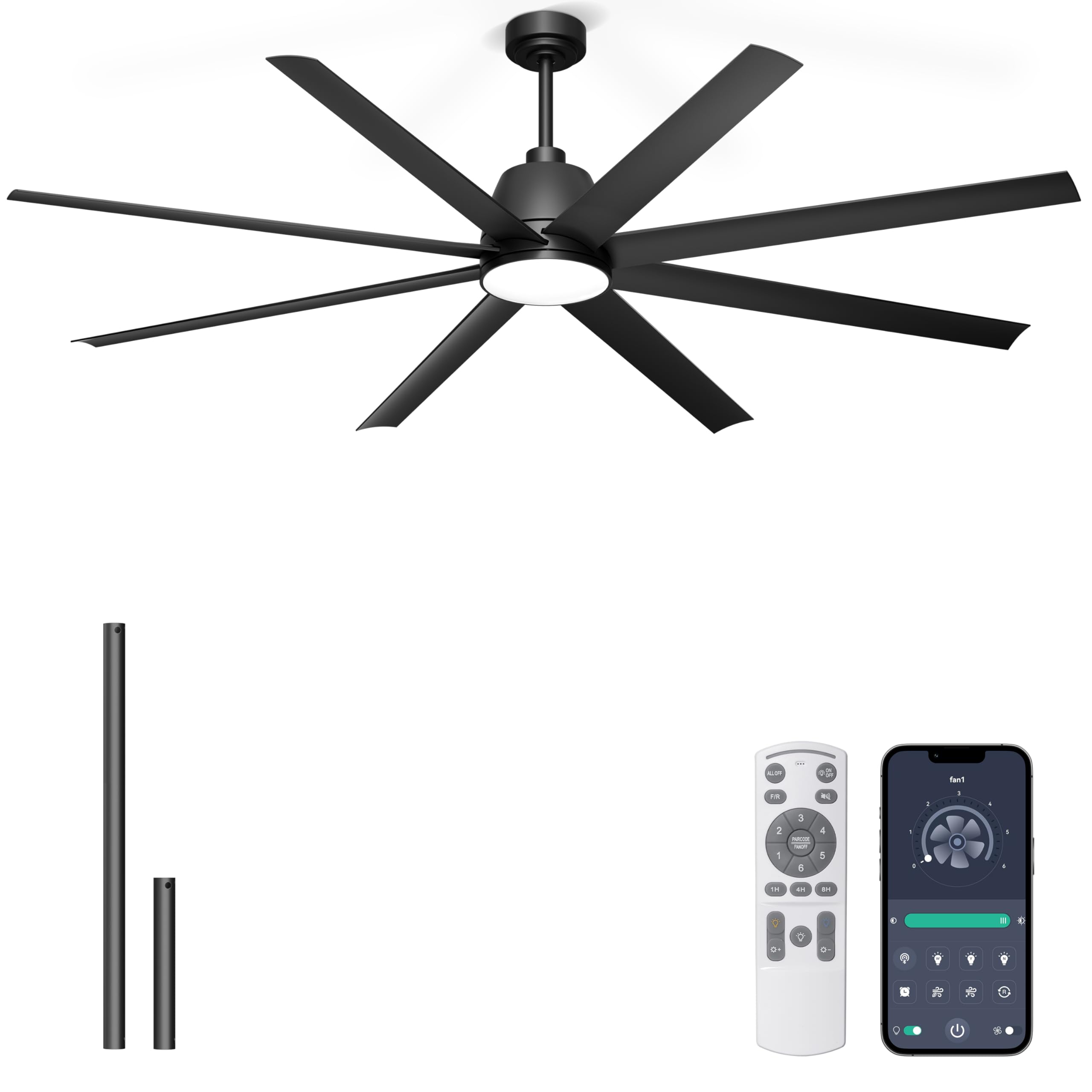 Phylluz 72'' Ceiling Fan with Light - Remote & APP Control, 3 CTT Dimmable, 6 Speed Reversible DC Motor Fan for Shop, Garage, Covered Outdoor, Black