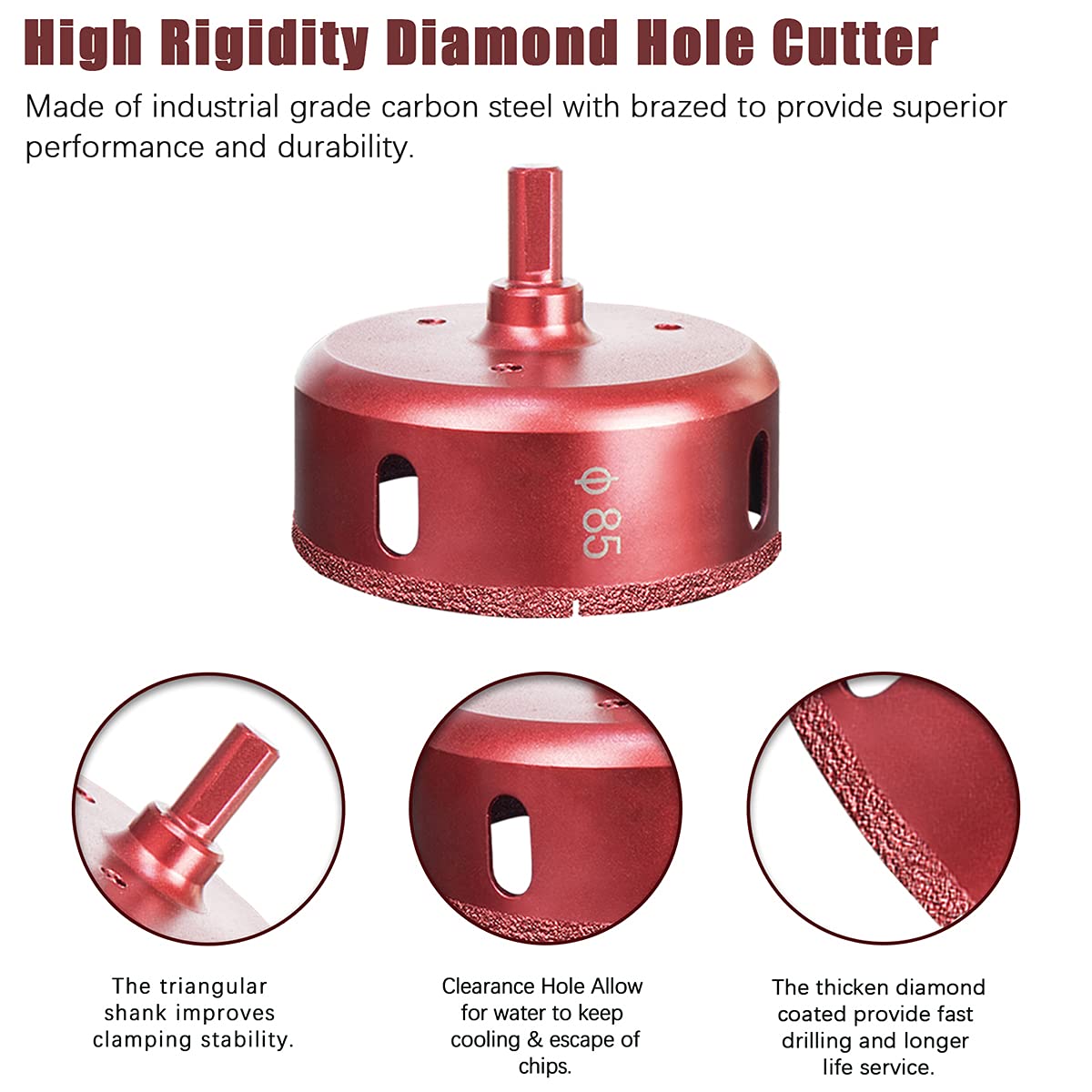 Meccion Diamond Drill Bit Brazed Core Hole Saws, Performance Hollow Hole Cutter for Glass/Tile/Granite/Marble/Porcelain (85mm) - Image 3