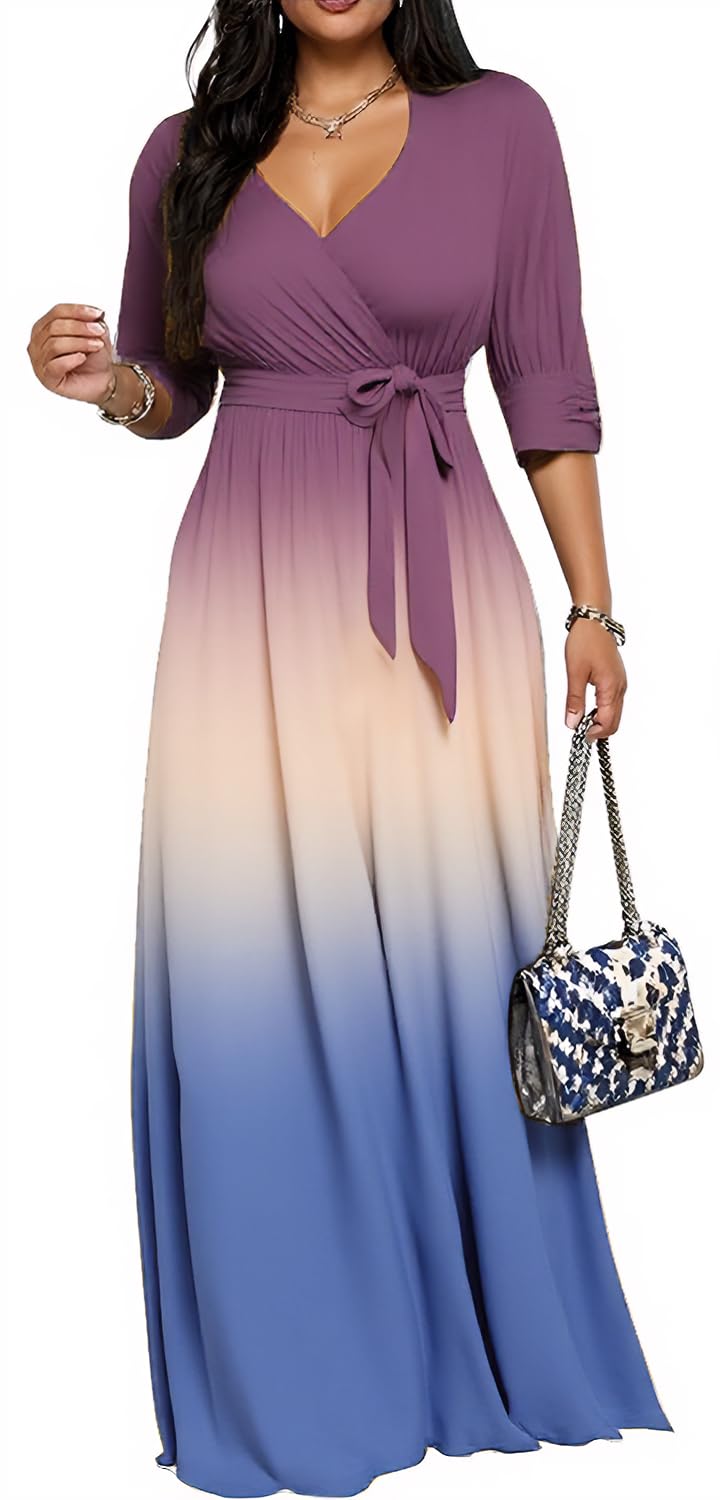 Women's Church Maxi Wrap V Neck 3/4 Sleeve Tie Waist Plus Size Long Dress