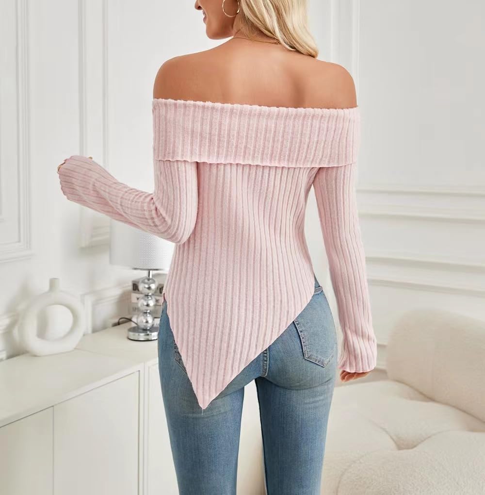Sumleno Womens Cute Bow Off Shoulder Knitted Sweater Shirt Tops Sexy Side Slit Pullover Trendy Y2k Aesthetic Clothes - Image 4