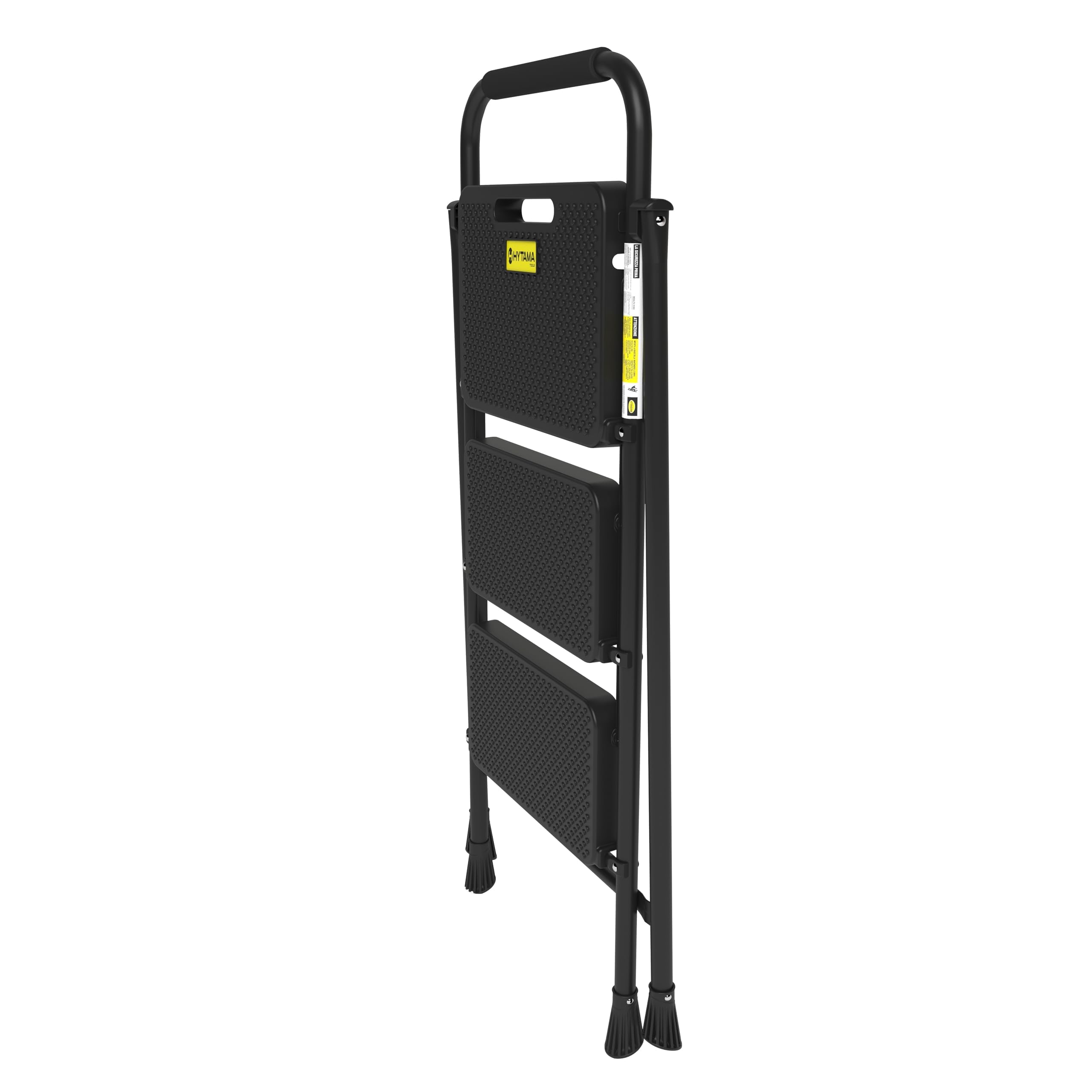 HYTAMA Scala Scaletta Pieghevole 3 Gradini Nero con Piedini Antiscivolo, Struttura in Acciaio, Impugnatura in Spugna, Leggera, Multiuso, Certificata EN14183 testata fino a 250Kg