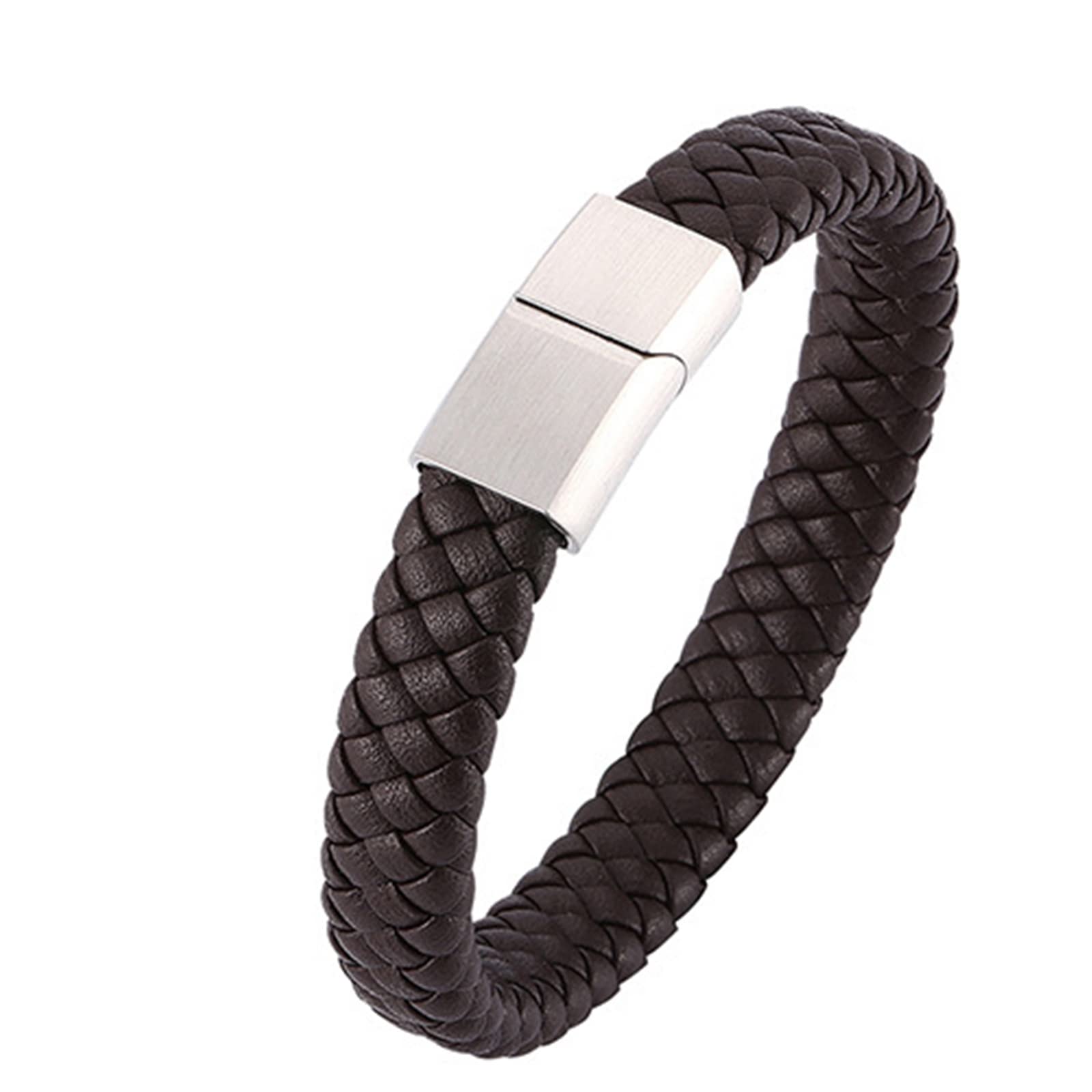 Edelstahlarmband, Herrenschmuckarmband, geflochtenes Lederarmband mit silberner Schnalle, 16,5 cm Länge, Punk-Biker-Herrenarmband