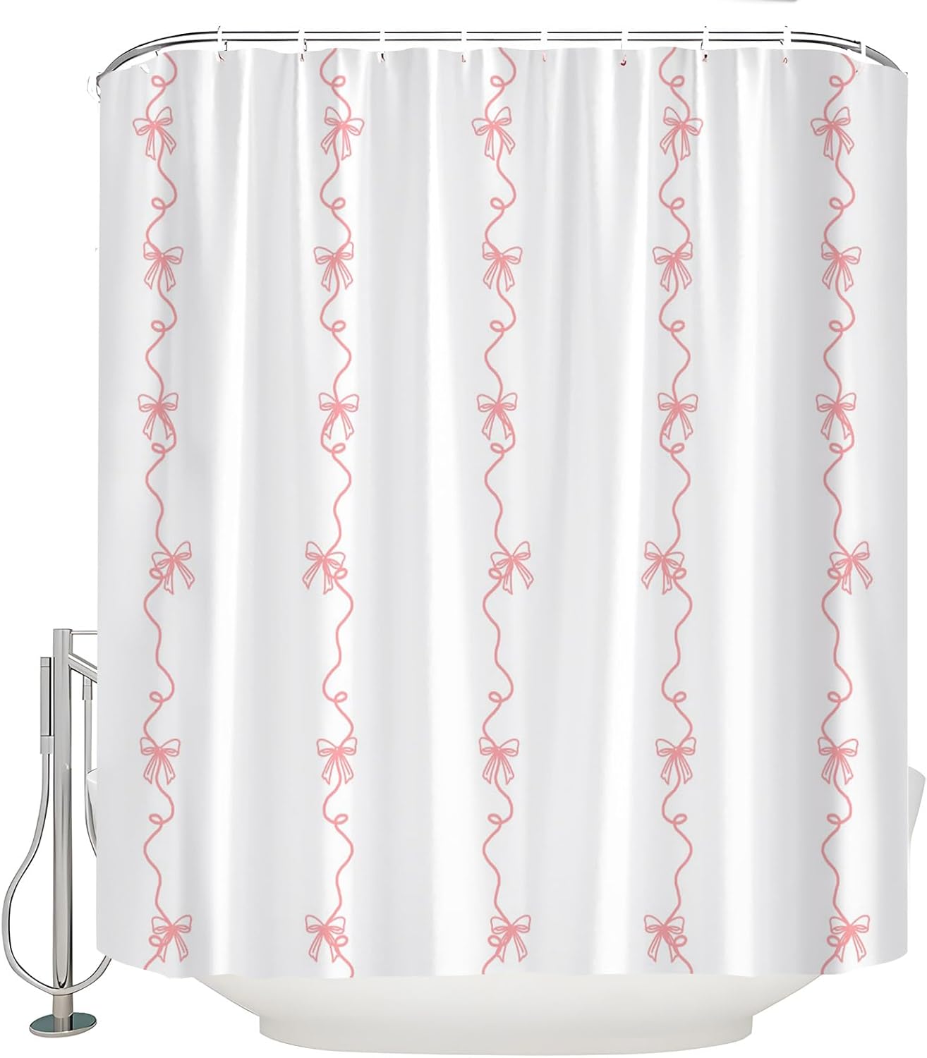Pink White Striped Bow Shower Curtain Cute Girls Modern Aesthetic Coquette Bow Cottagecore Bow Fabric Bathroom Curtain Set with Hook