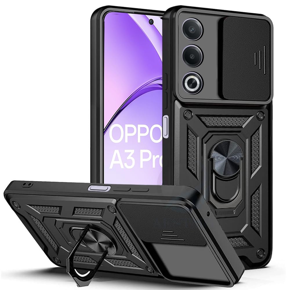 AESTMO Polycarbonate Tough Armor Oppo A3 Pro 5G Bumper Back Case Cover|Ring Holder & Sliding Camera Shield Cover|360 Degree Protection Back Case Cover For Oppo A3 Pro 5G (Black) (B0D9HBHDT2) Amazon Price History, Amazon Price Tracker