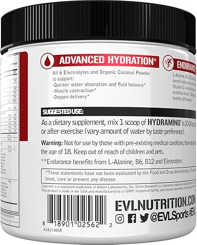 Miniatura 6 de Evlution Nutrition HYDRAMINO Multiplicador de hidratación completo 6 electrolitos vitamina C y B aminos que aumentan los fluidos agua de coco Azul