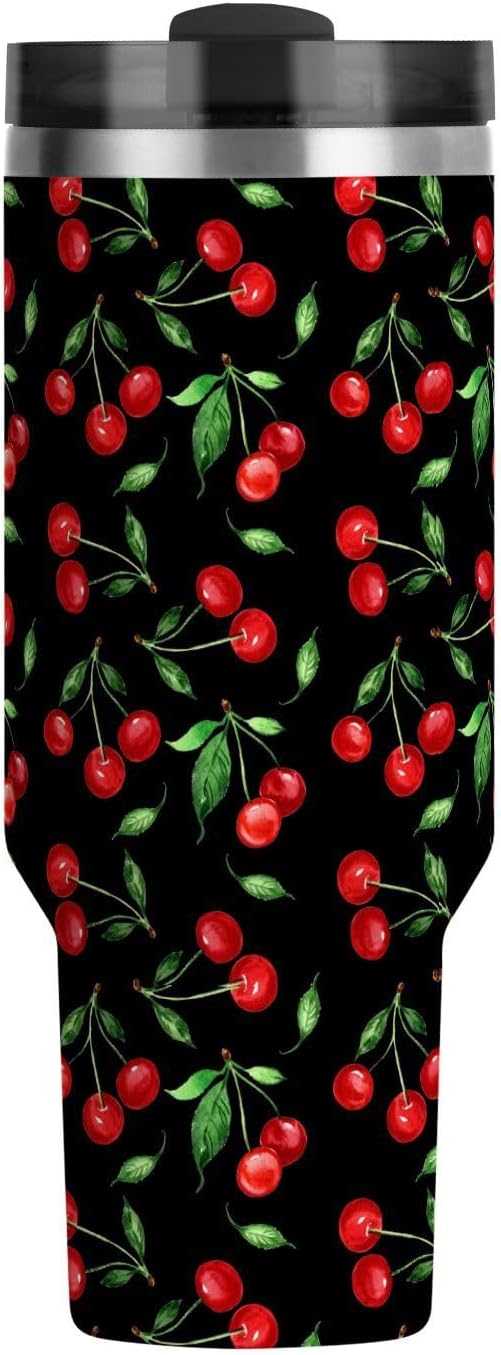 40 oz Tumbler Cherry Fruit with Handle and Straw Lid Vacuum Stainless Steel Insulated Water Bottle Travel Mug Car Cup Holder Friendly for Gym Travel Office - Image 9