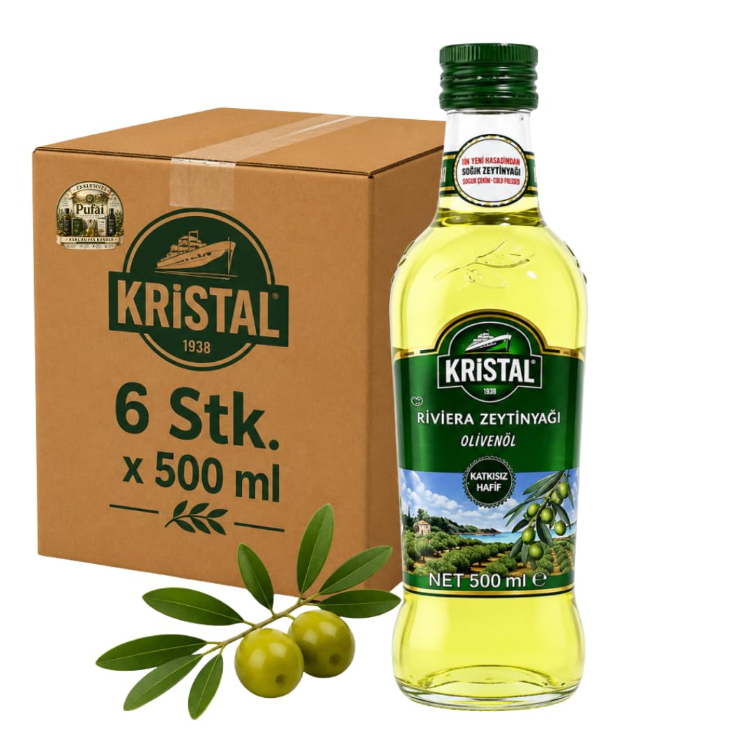 PUFAI Bundle – Kristal Olivenöl Riviera – Vielseitiges Speiseöl für Kochen & Braten, Glasflasche, 500ml, 6 Stück