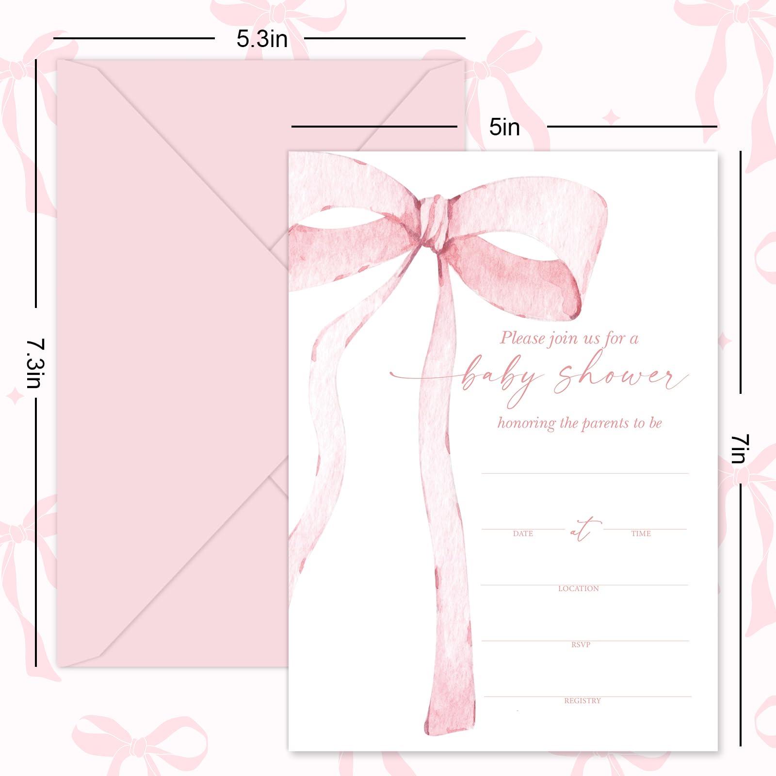 Whaline 25 Packs Pink Bow Baby Shower Invitations with Envelopes and Stickers Watercolor Ribbon Bowknot Invitation Cards Coquette Blank Party Invites For Birthday Baby Shower, 5 x 7 Inch