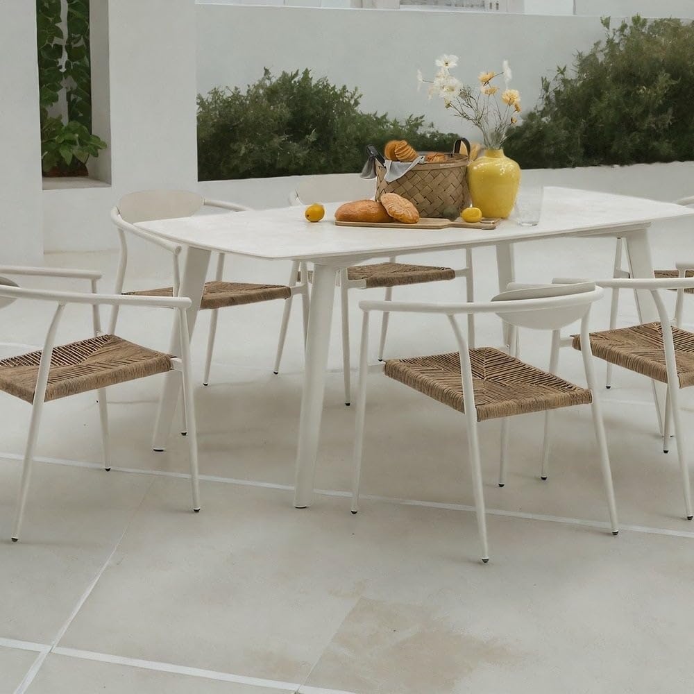 LOLAhome Pack de 2 sillas Contract de jardín Vania de Aluminio Blanco, apilables, Asiento de Cuerda de Rafia, Elegantes, para Comedor, Tratamiento Exterior, Resistentes UV y Humedad