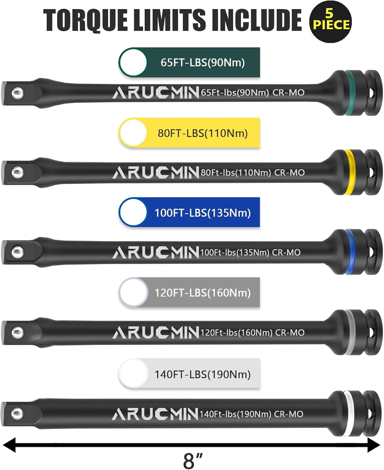 1/2" Drive Torque Limiting Extension Bar Set, 5-Piece Lug Nut Torque Stick Set With 8 Inch Color-Coded 65 to 140 Ft-Lbs Torque Sticks