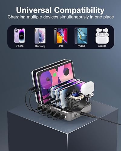 Miniatura 4 de Estación de carga de 100 W para iPhone, estación de carga de 6 puertos con 3 puertos rápidos PD USB-C, 6 cables cortos, organizador de carga