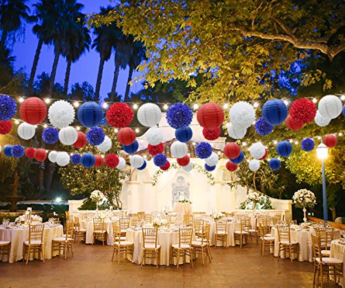 Image of KAXIXI 15-Piece 4th of July Decorations, Pom Poms & Paper Lanterns
