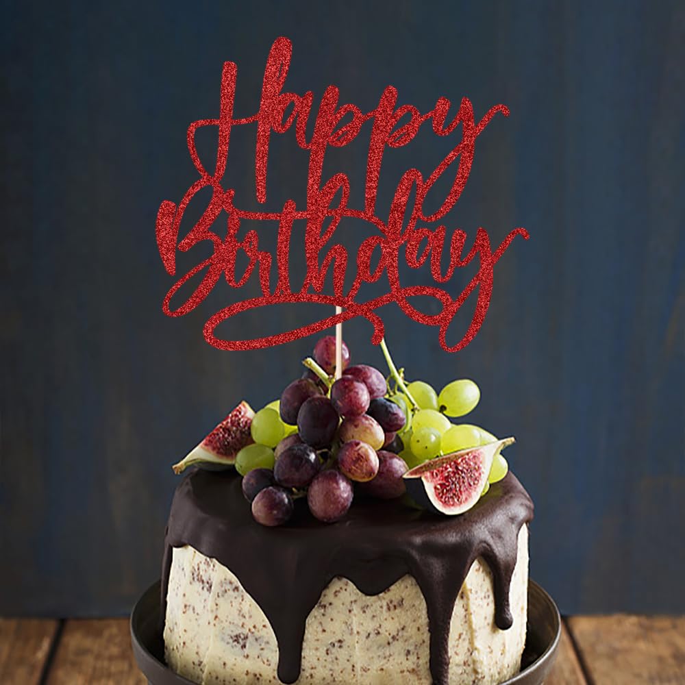 Kaoenla Decoración para tartas de feliz cumpleaños con purpurina, decoración de pastel de feliz cumpleaños con purpurina dorada, adecuada para decoración de fiestas para aniversario/cumpleaños (rojo)