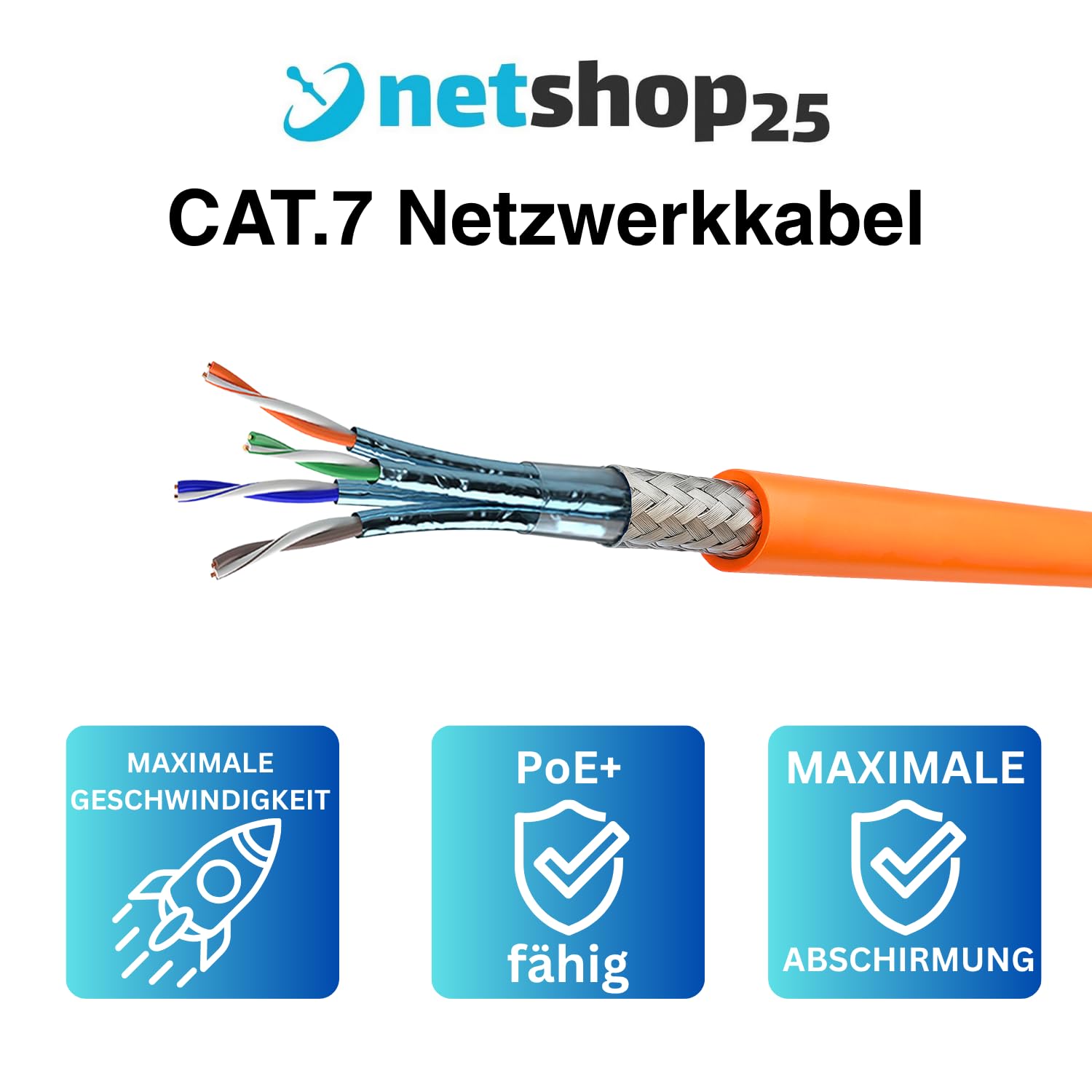 CAT.7 Netzwerkkabel 100m Verlegekabel REINES KUPFER - LAN Kabel S/FTP PiMF LSZH Halogenfrei RoHS Ethernet Cable Datenkabel Installationskabel PoE 10Gbit/s RoHS konform (Orange) + ABISOLIERER