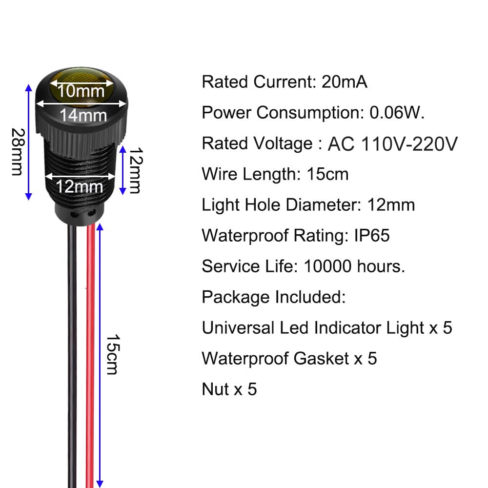 Gebildet 5pcs LED in plastica Indicatore luminoso 220V Dimensione foro di montaggio 12mm(Arancione)